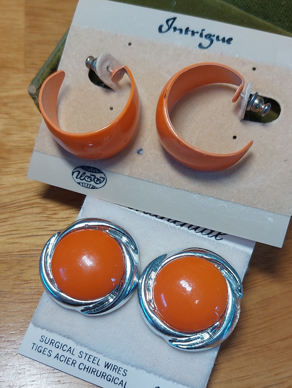 Orange Vintage Retro Earrings Hoops Button Pierced